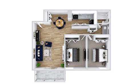 a stylized floor plan with a bedroom and living room